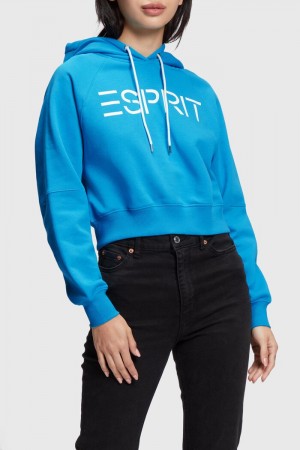 Dámské Mikina s Kapucí Esprit Cropped Logo Tyrkysové | IRS372056