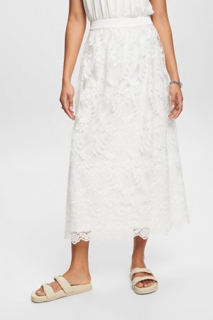 Dámské Sukně Esprit Midi With Embroidered Flowers Bílé | APD895467