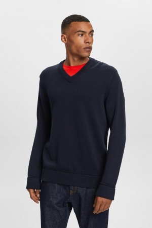 Pánské Jumpers Esprit Bavlněné V-neck Tmavě Blankyt | ELB213704