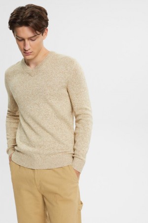 Pánské Jumpers Esprit Two-coloured V-neck Knit Hnědožlutý Béžový | VWD481657