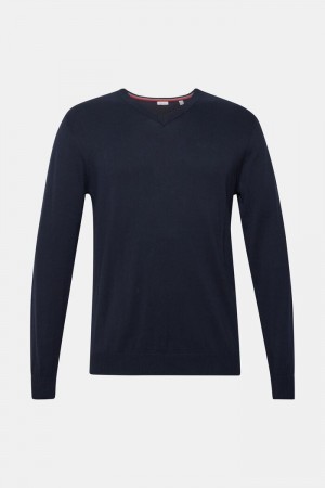 Pánské Jumpers Esprit V-neck,100% Bavlněné Tmavě Blankyt | NIX364815