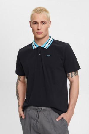 Pánské Polo Triko Esprit Bavlněné Pique With Pruhovaný Collar Černé | LDN964058