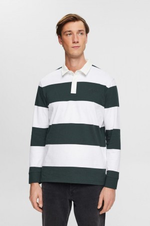 Pánské Polo Triko Esprit Long-sleeved With Stripes Tmavě Tyrkysové Zelene | EPG054397