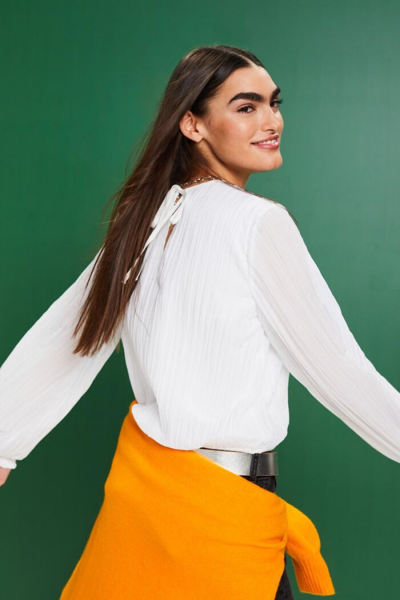 Dámské Blouses Esprit Plisse Long-sleeve Bílé | MHS129653