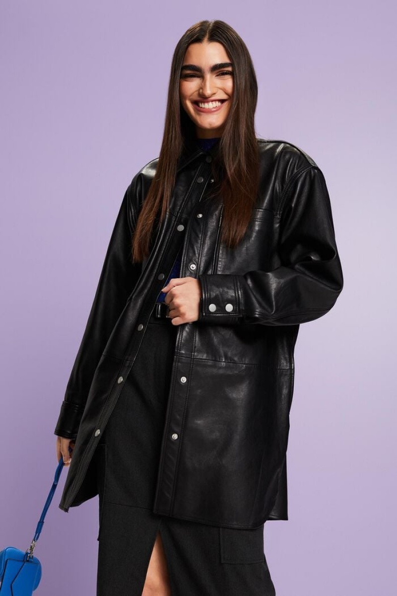 Dámské Bundy Esprit Oversized Læder Černé | HPF932671