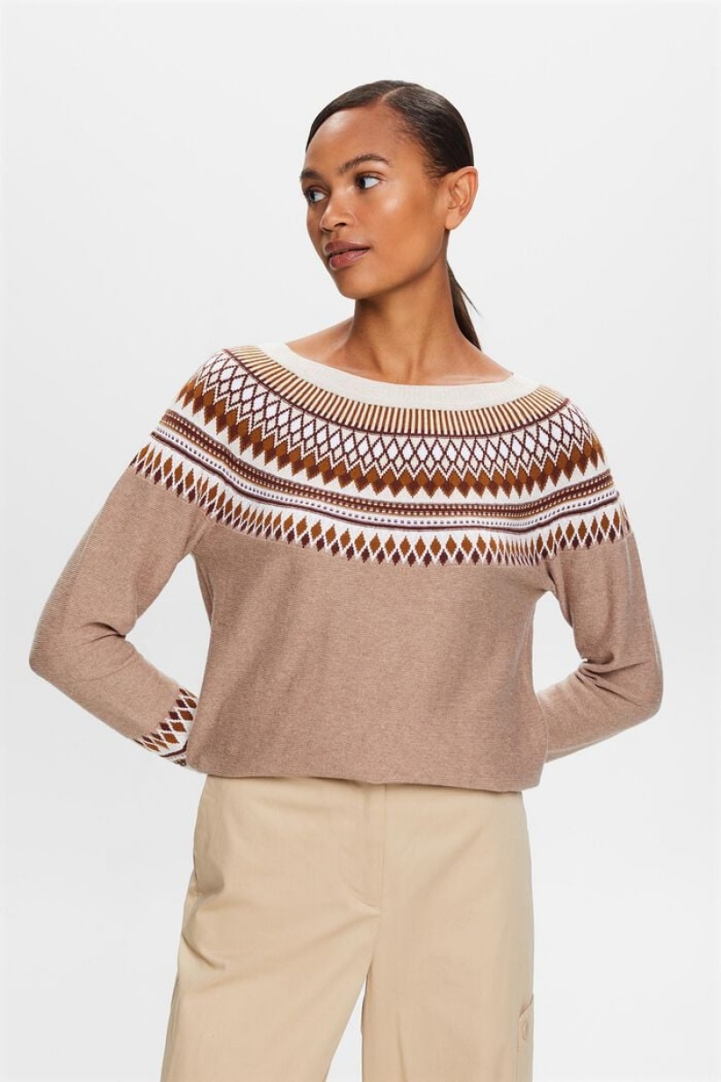 Dámské Jumpers Esprit Bavlněné Jacquard Světle Šedé Hnědé | LMI296380