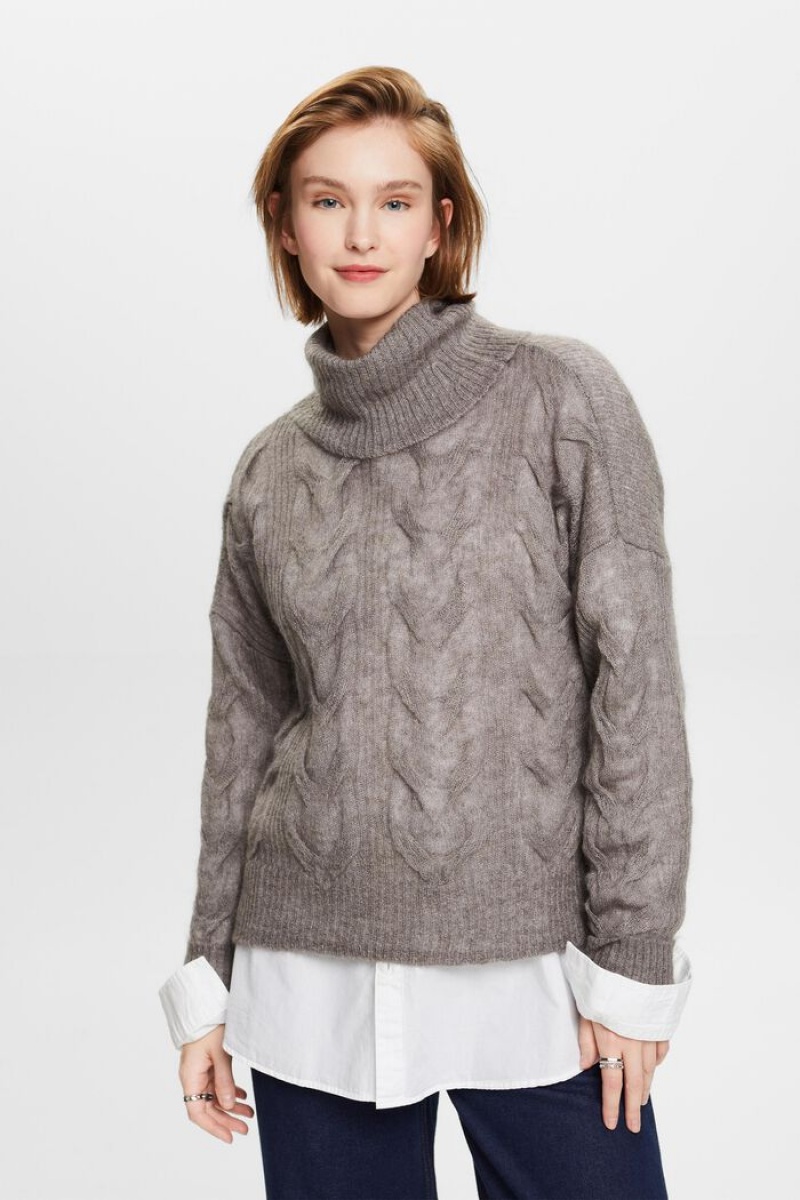 Dámské Jumpers Esprit Cable-knit Mohair-blend Turtleneck Hnědé Šedé | FKY451782