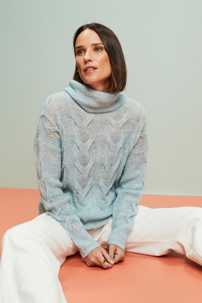 Dámské Jumpers Esprit Cable-knit Mohair-blend Turtleneck Světle Tyrkysové Zelene | ASF357462