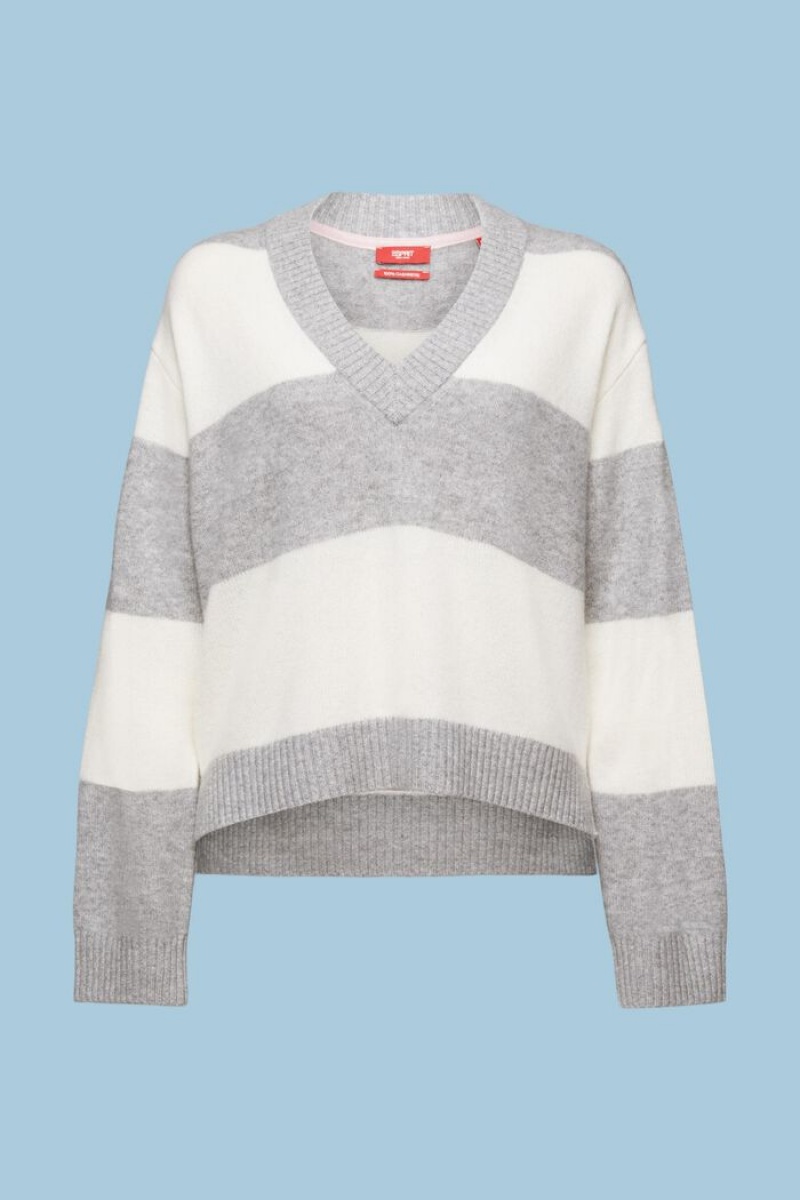 Dámské Jumpers Esprit Cashmere V-neck Rugby Stripe Světle Šedé | SDW704562