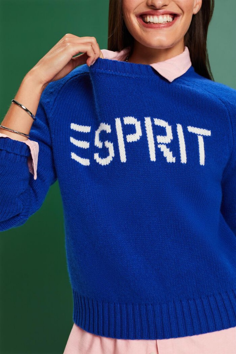 Dámské Jumpers Esprit Vlna Cashmere Logo Světle Blankyt | FAY436821