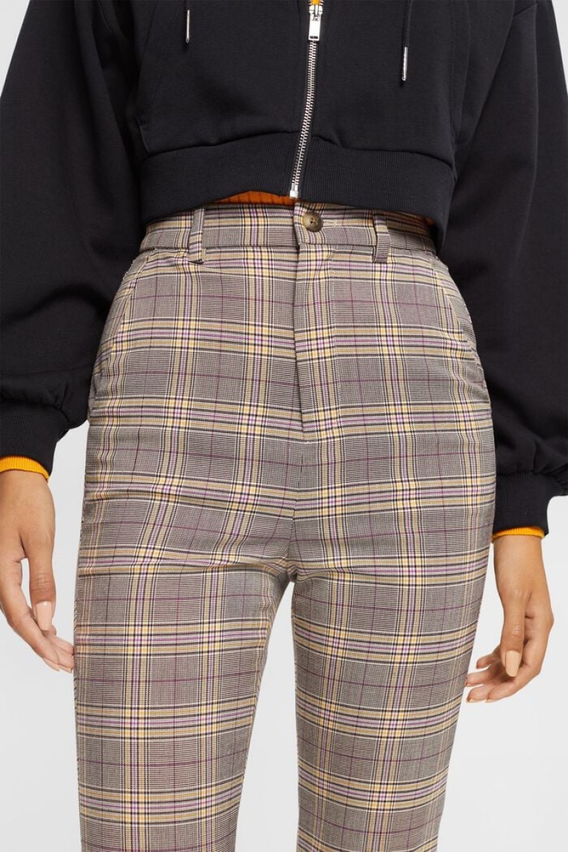 Dámské Kalhoty Esprit Checked High Waisted Cropped Flared Béžový | AOM670834