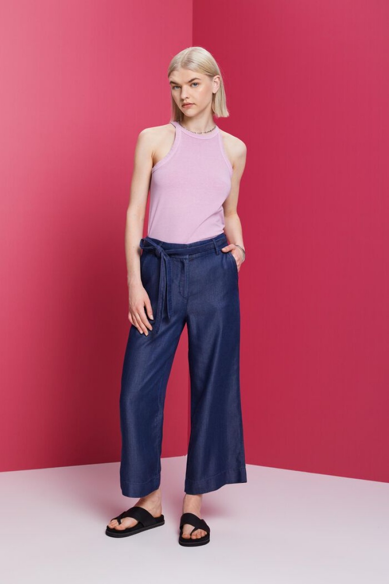 Dámské Kalhoty Esprit Cropped Široké Leg,Tencel™ Blankyt Tmavě | PAH187539