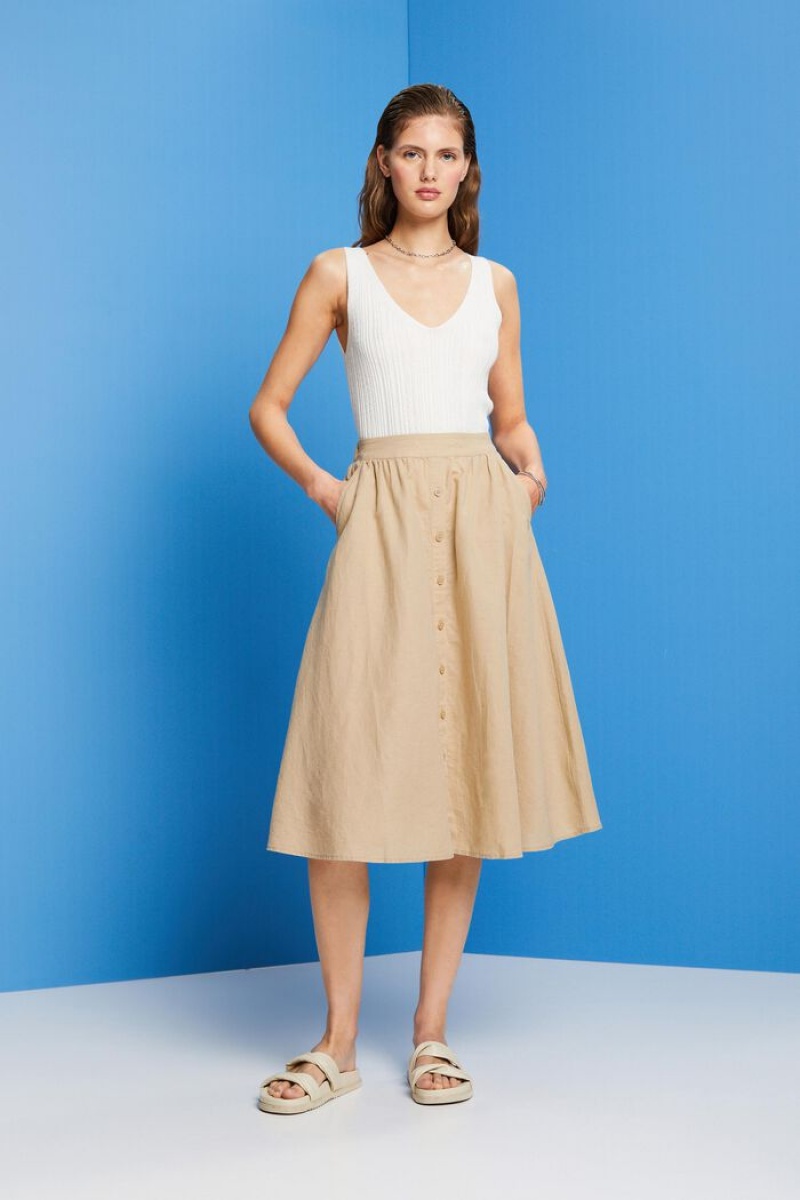 Dámské Sukně Esprit Midi,Linen-cotton Blend Hnědé | LFO017932