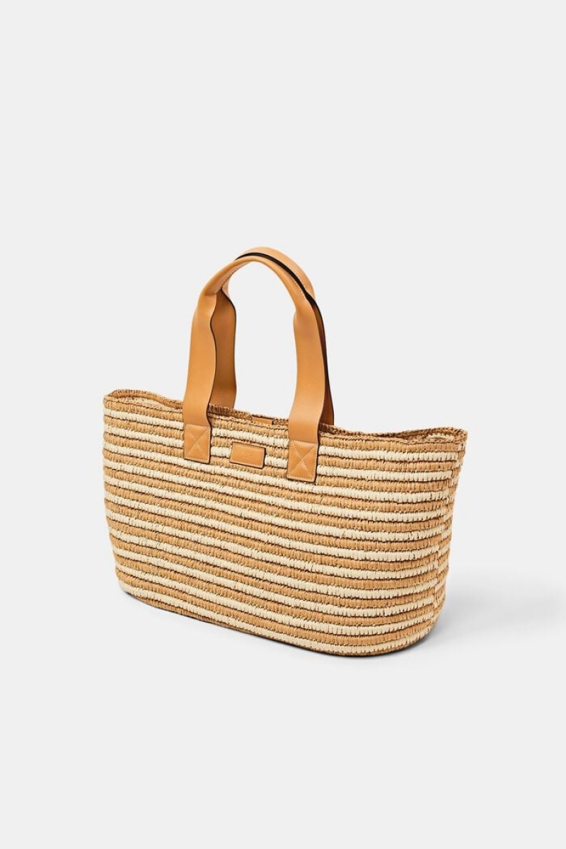 Dámské Tašky Esprit Raffia Shopper With Faux Læder Details Hnědé | NMT075381