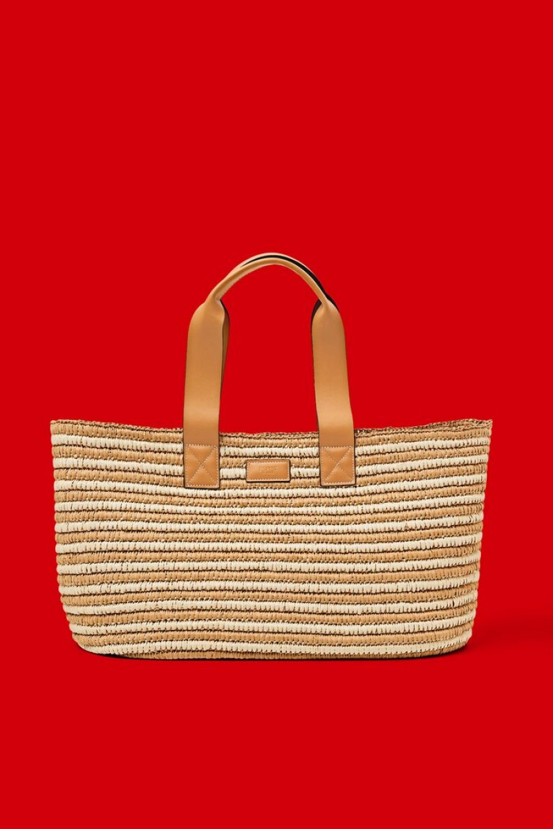 Dámské Tašky Esprit Raffia Shopper With Faux Læder Details Hnědé | NMT075381