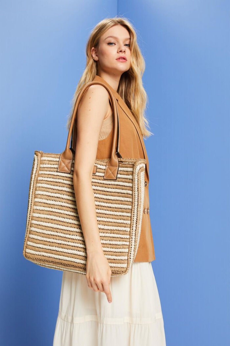 Dámské Tašky Esprit Raffia With Faux Læder Handles Hnědé | DPB810436