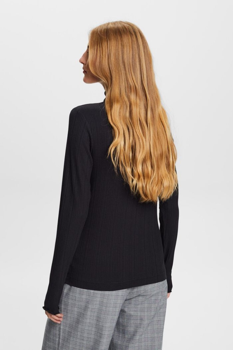 Dámské Topy Esprit Irregular Rib Turtleneck Longsleeve Černé | KEB782935