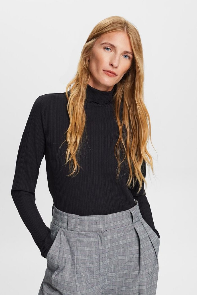 Dámské Topy Esprit Irregular Rib Turtleneck Longsleeve Černé | KEB782935