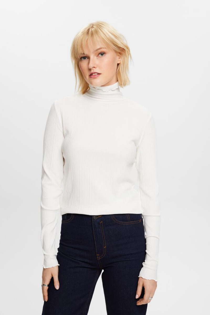 Dámské Topy Esprit Irregular Rib Turtleneck Longsleeve Bílé | HDG936428