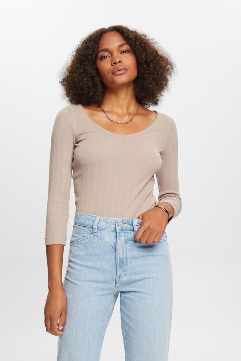 Dámské Topy Esprit Pointelle Long-sleeve Světle Šedé Hnědé | VZH216485