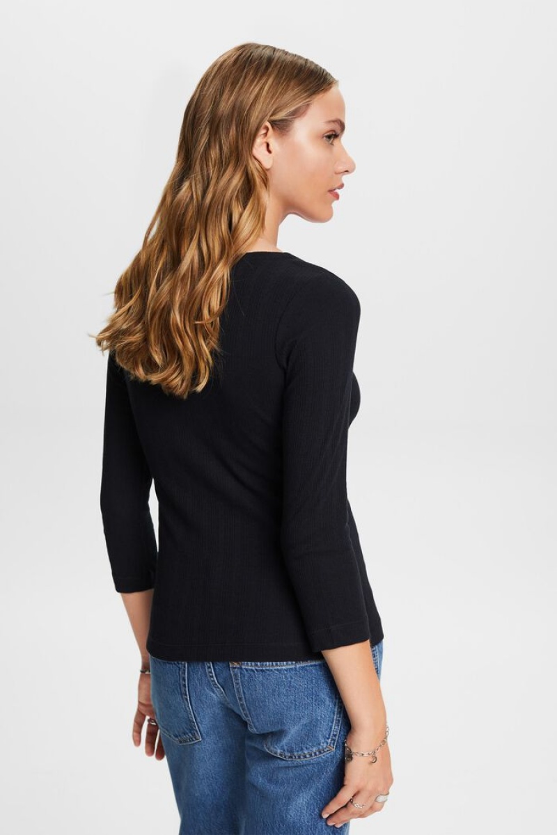 Dámské Topy Esprit Pointelle Long-sleeve Černé | OJS460793