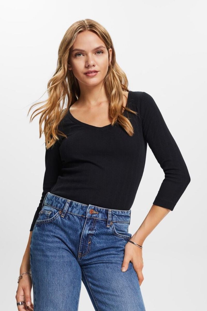 Dámské Topy Esprit Pointelle Long-sleeve Černé | OJS460793