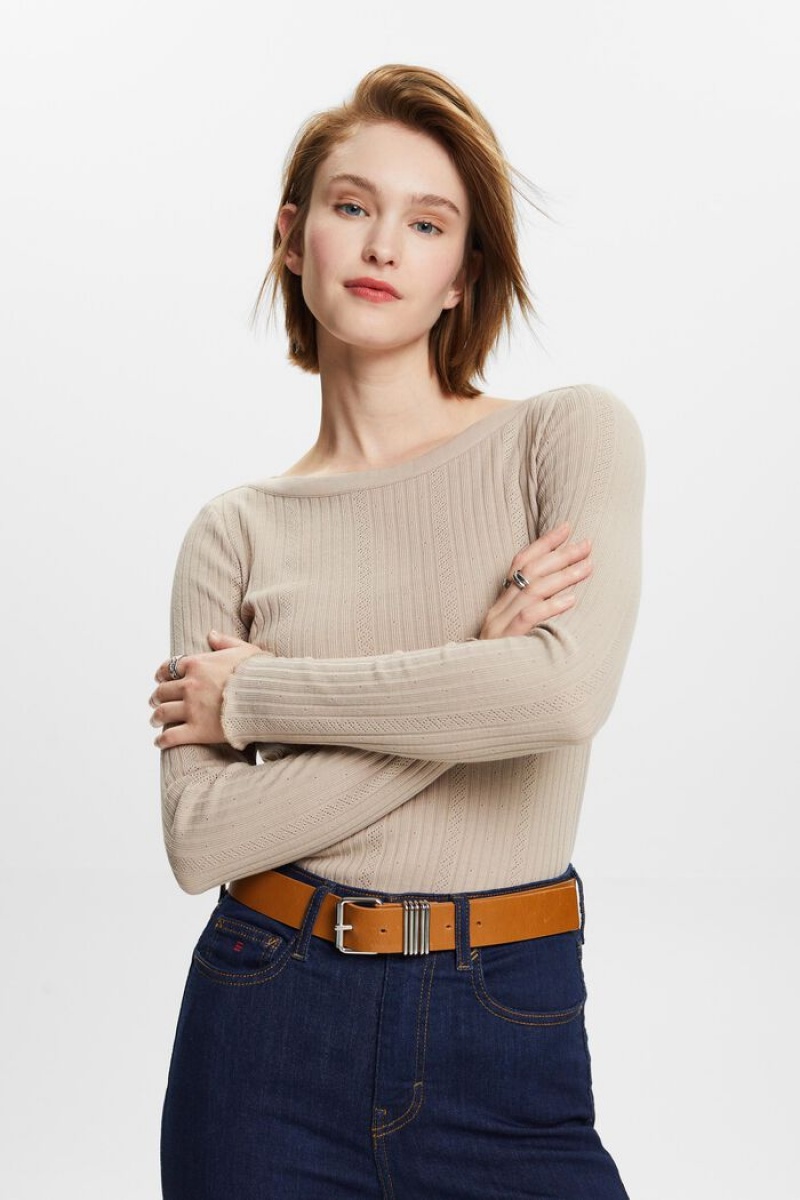 Dámské Topy Esprit Pointelle Rib-knit Longsleeve Světle Šedé Hnědé | ASZ069582