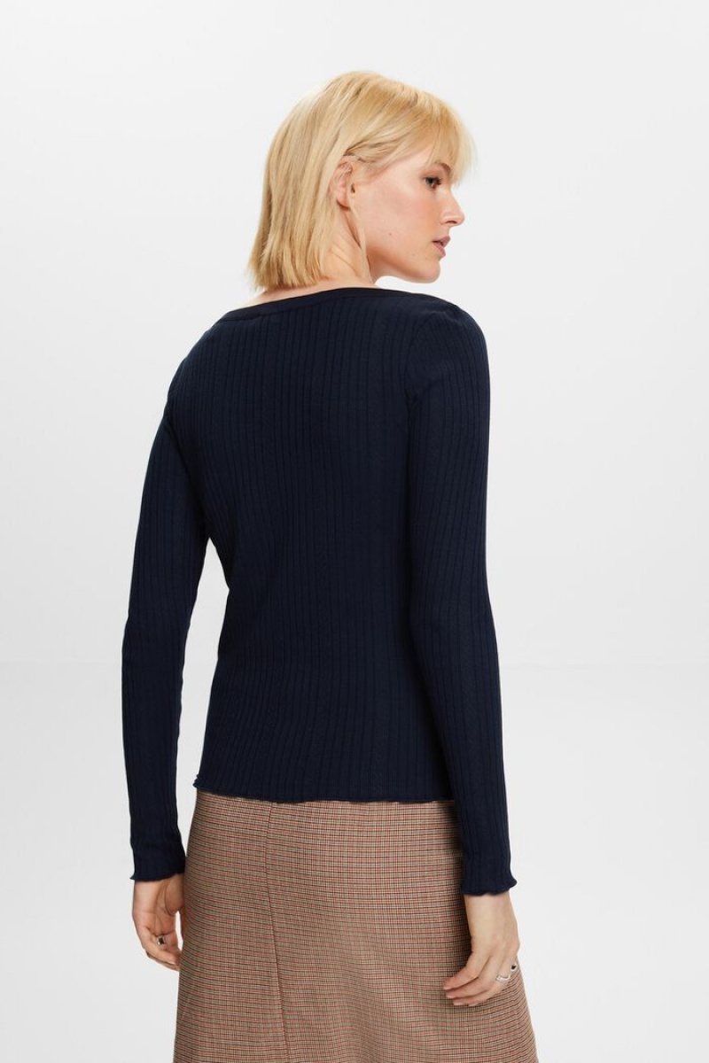 Dámské Topy Esprit Pointelle Rib-knit Longsleeve Tmavě Blankyt | FHC914075