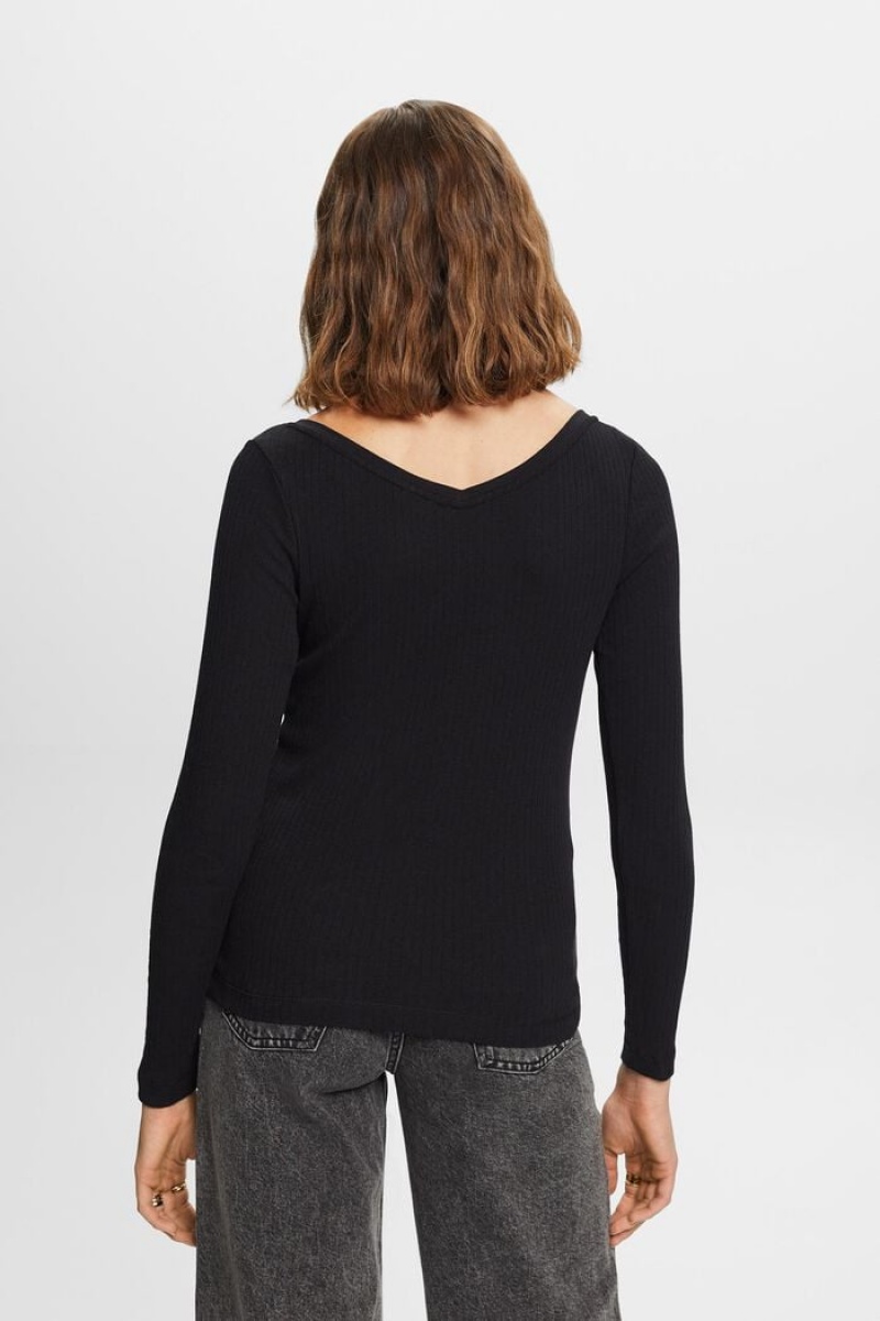 Dámské Topy Esprit Pointelle V-neck Černé | ROL304812