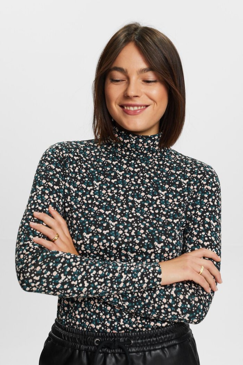 Dámské Topy Esprit Printed Turtleneck Longsleeve Černé | ZKQ928736