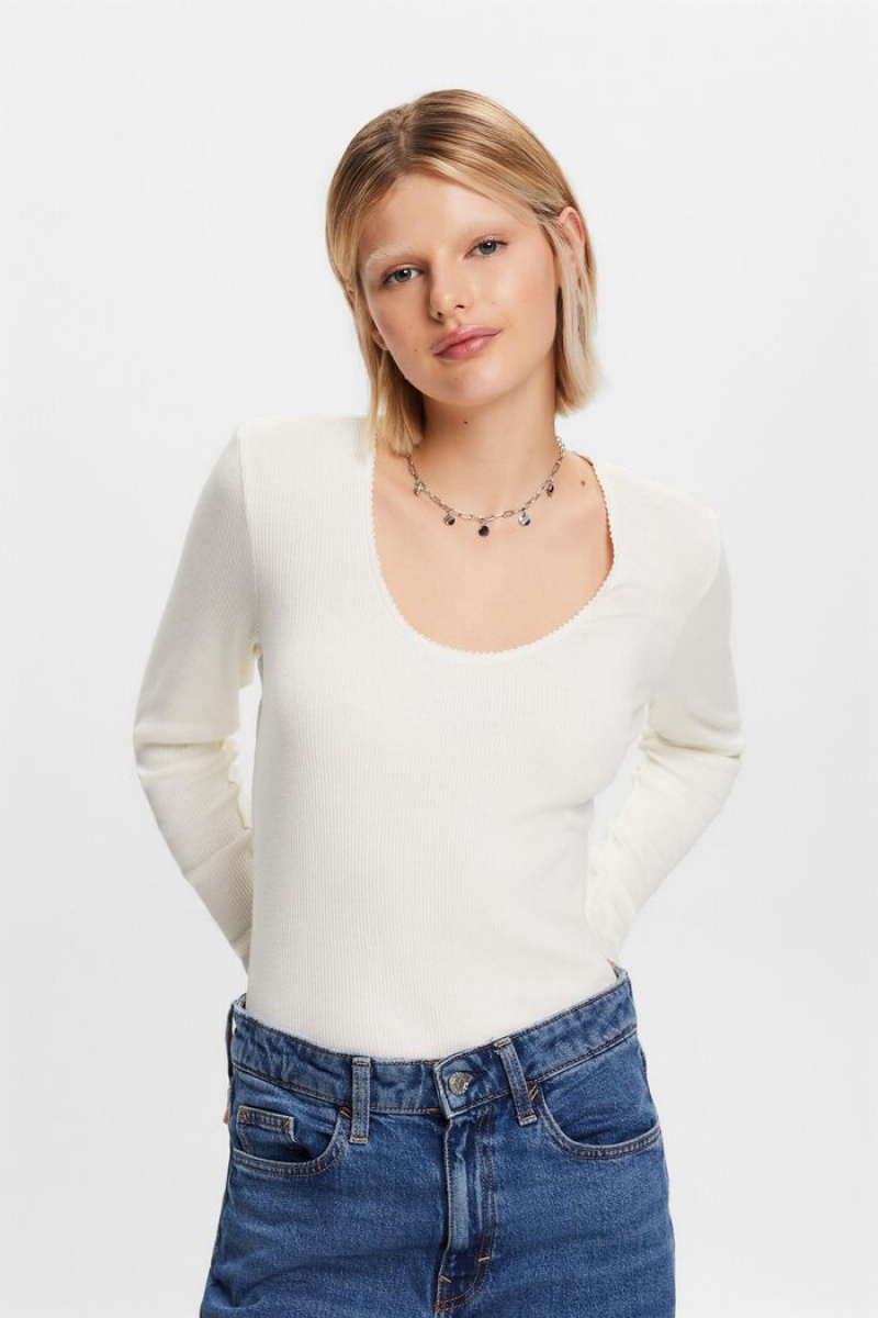 Dámské Topy Esprit Rib-knit Longsleeve Bílé | ATX278549