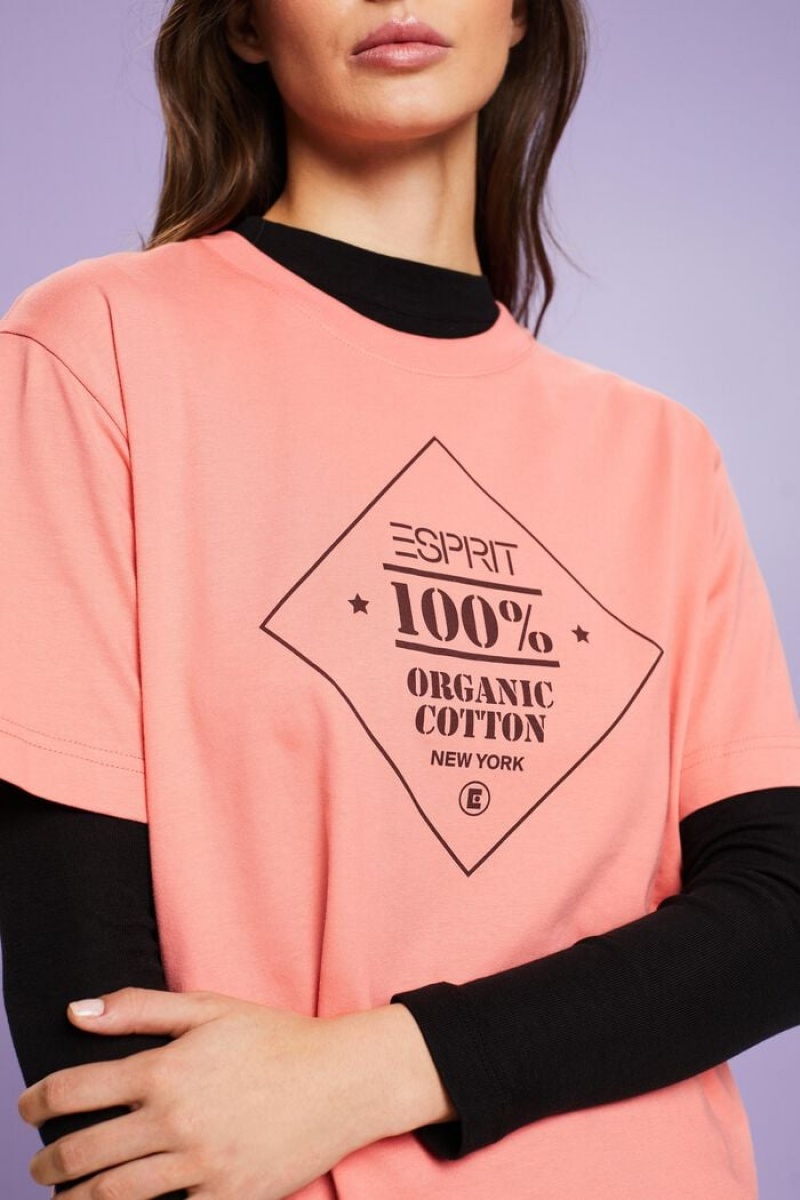 Dámské Tričko Esprit Organic Bavlněné Printed Růžové | ETI432879