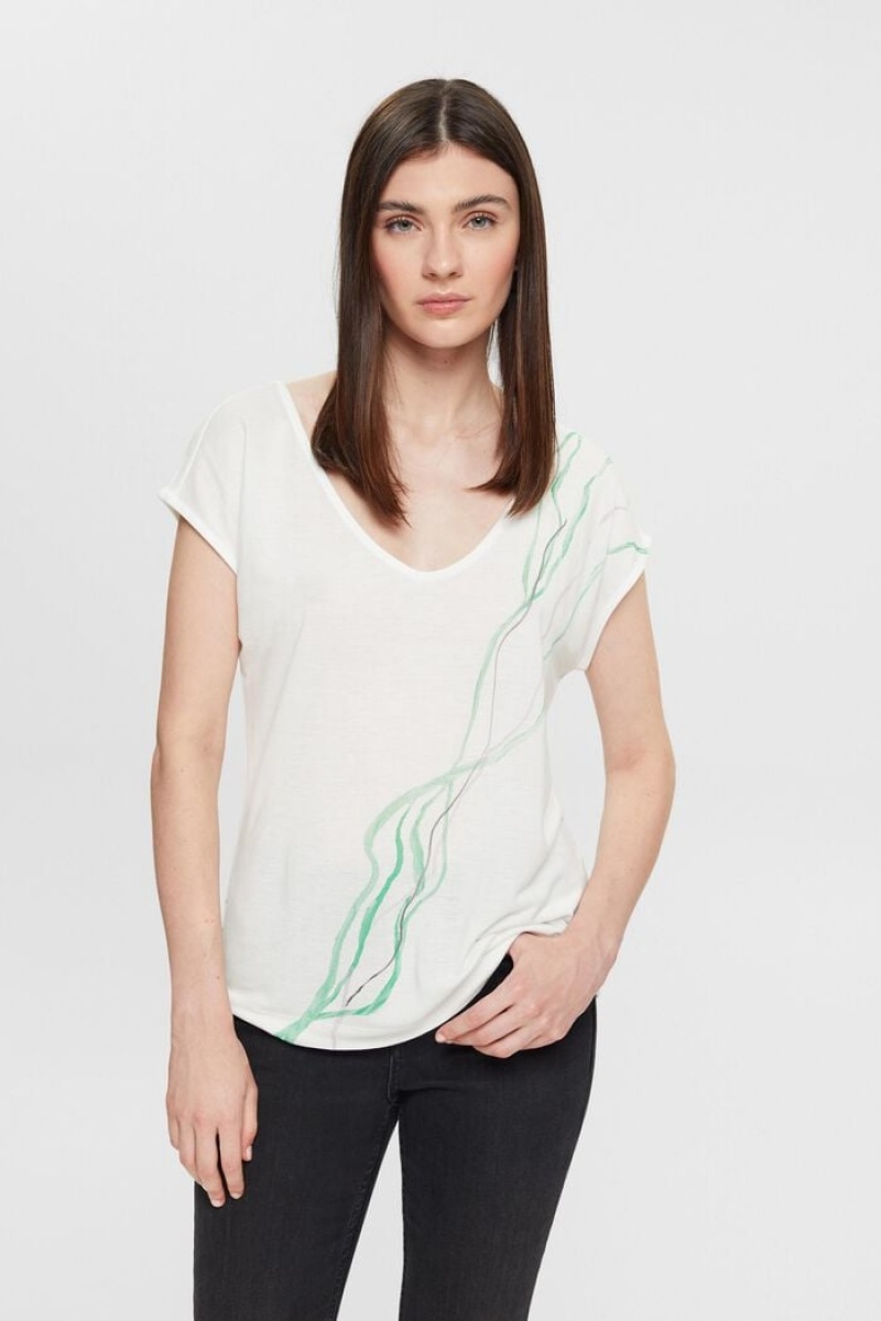 Dámské Tričko Esprit Printed V-neck Bílé | ZAP395026