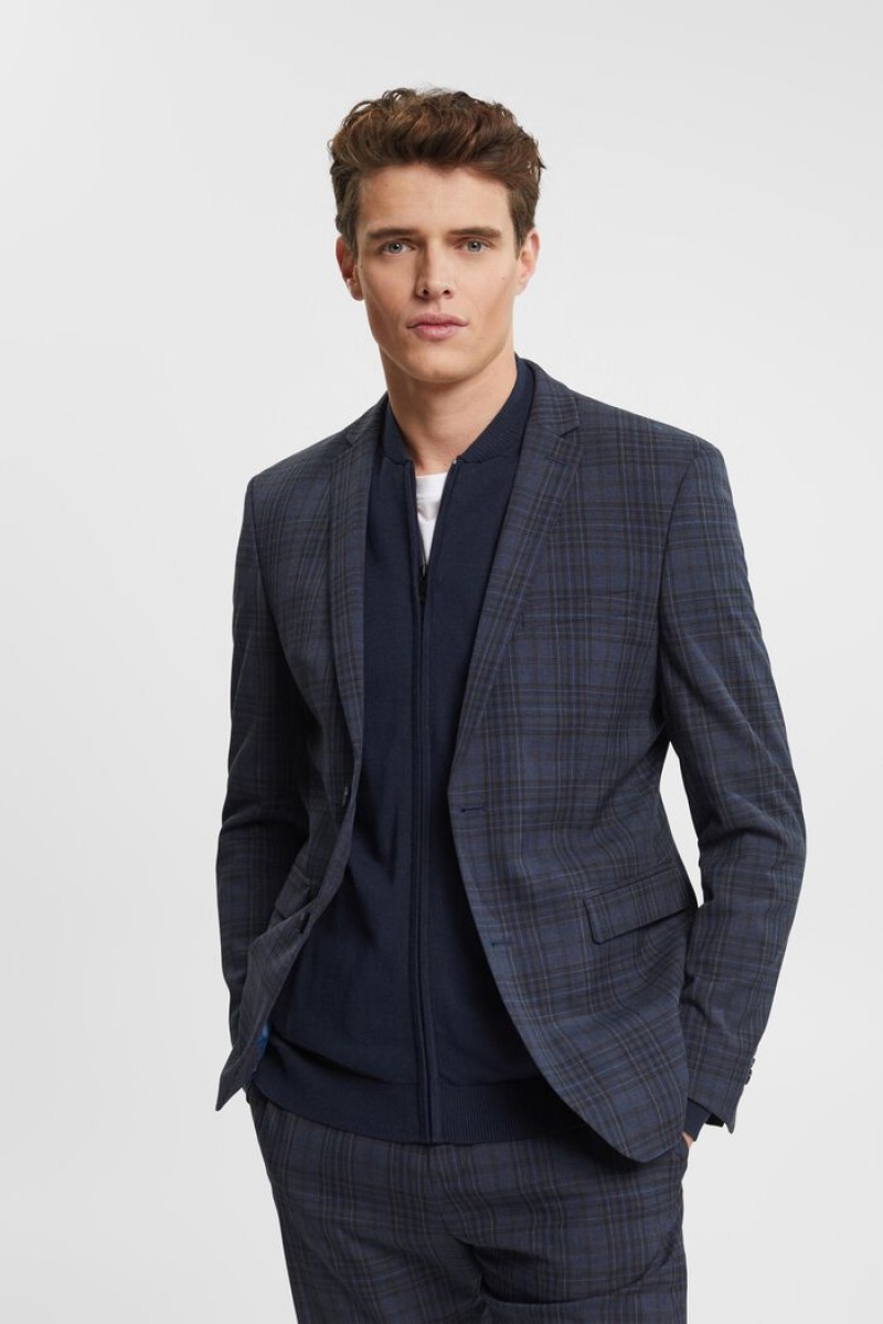 Pánské Blejzry Esprit Mix & Match: Checkered Single-breasted Tmavě Blankyt | ALE057921