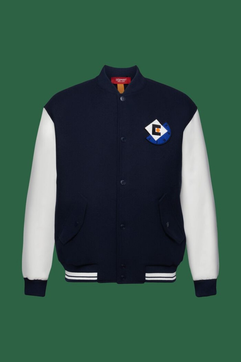 Pánské Bundy Esprit Logo Appliqué Vlna-blend Varsity Tmavě Blankyt | CWU495031