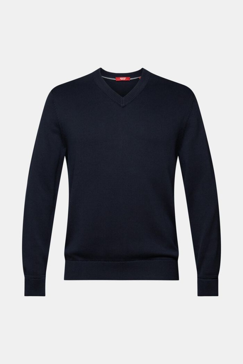 Pánské Jumpers Esprit Bavlněné V-neck Tmavě Blankyt | ELB213704