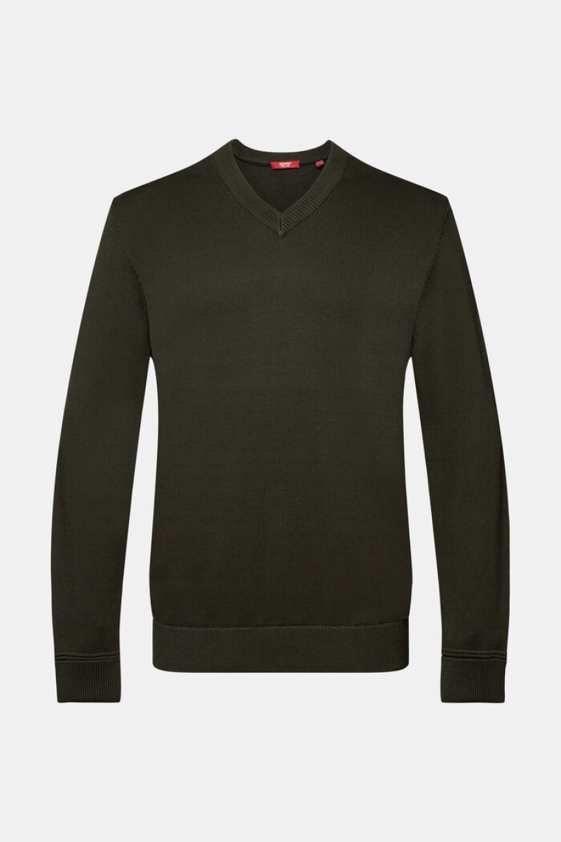 Pánské Jumpers Esprit Bavlněné V-neck Tmavě Hnědožlutý | EVZ062817