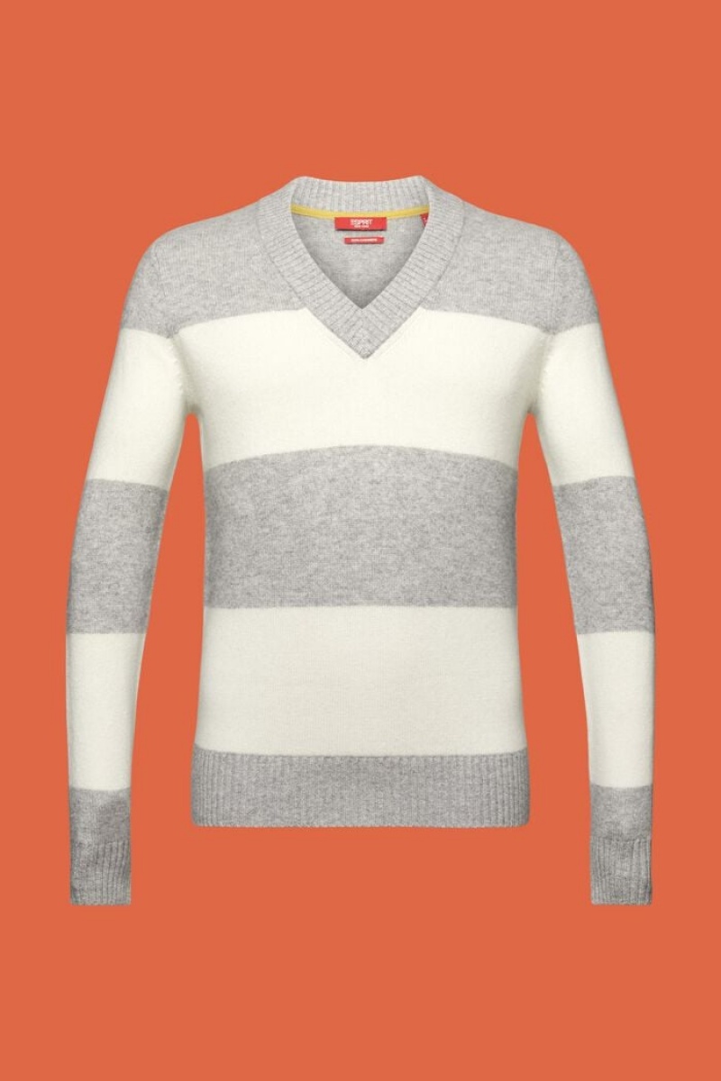 Pánské Jumpers Esprit Cashmere V-neck Rugby Stripe Světle Šedé | DYT267813