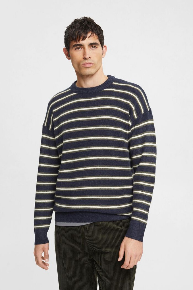 Pánské Jumpers Esprit Pruhovaný Pletené Tmavě Blankyt | BDL760429