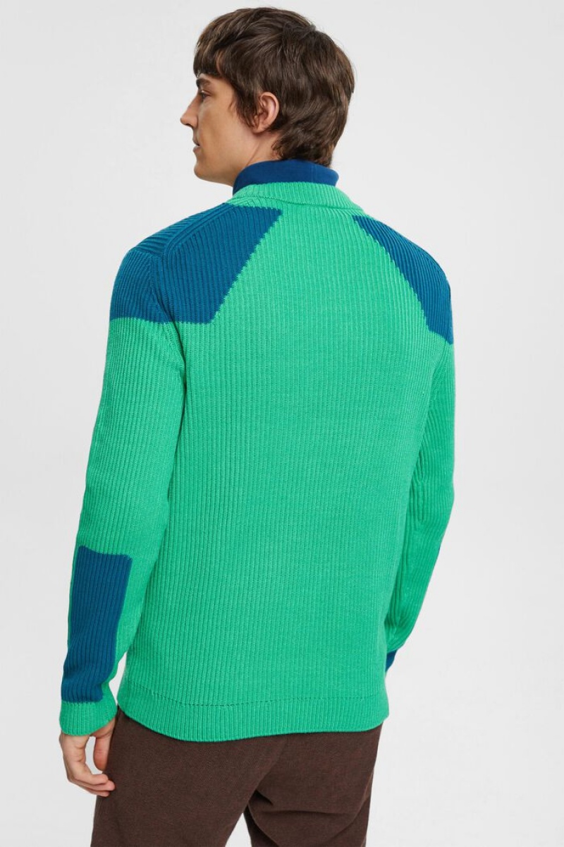 Pánské Jumpers Esprit Rib Knit With Colour Block Details Světle Zelene | WKU530647