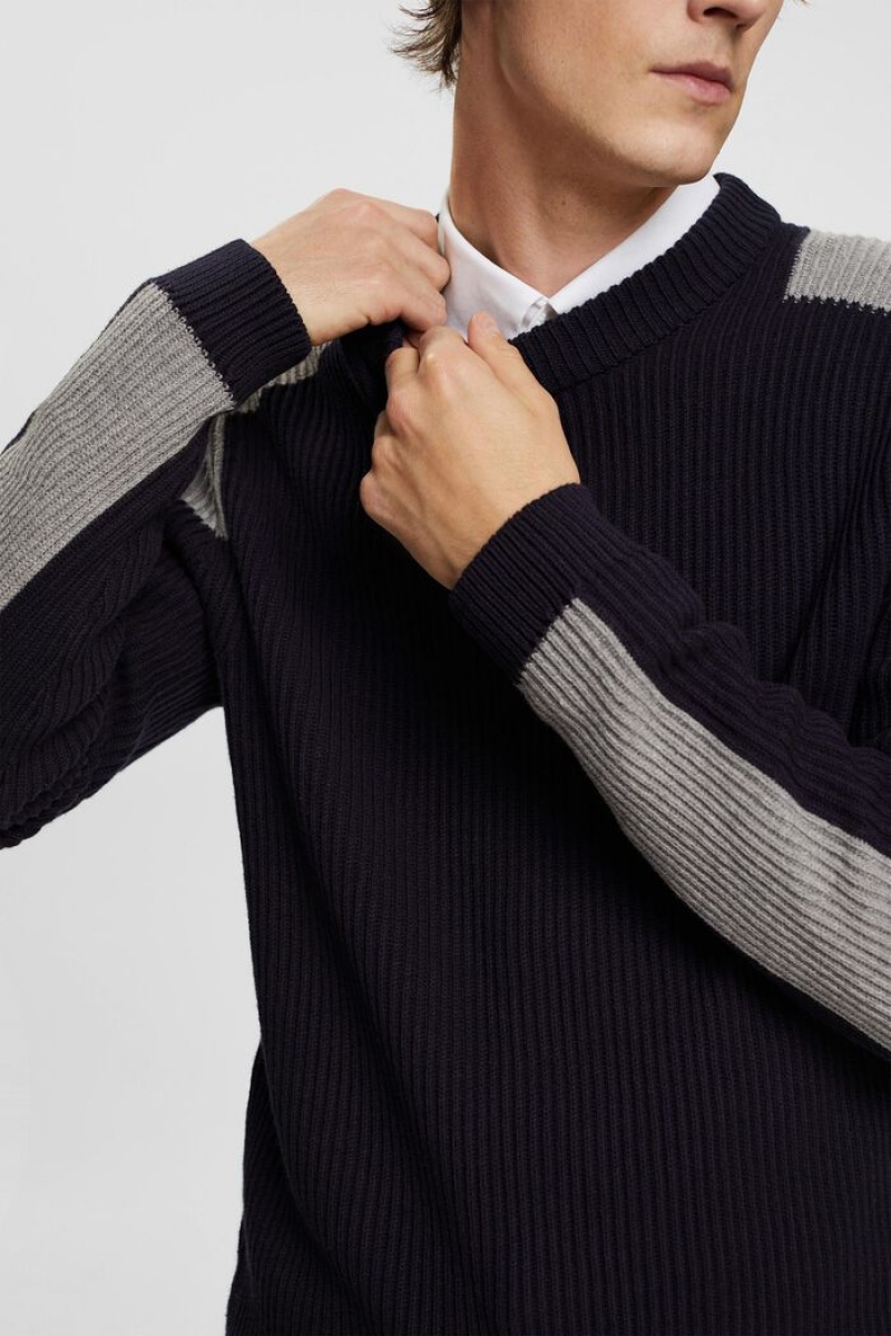 Pánské Jumpers Esprit Rib Knit With Colour Block Details Tmavě Blankyt | RLM954021