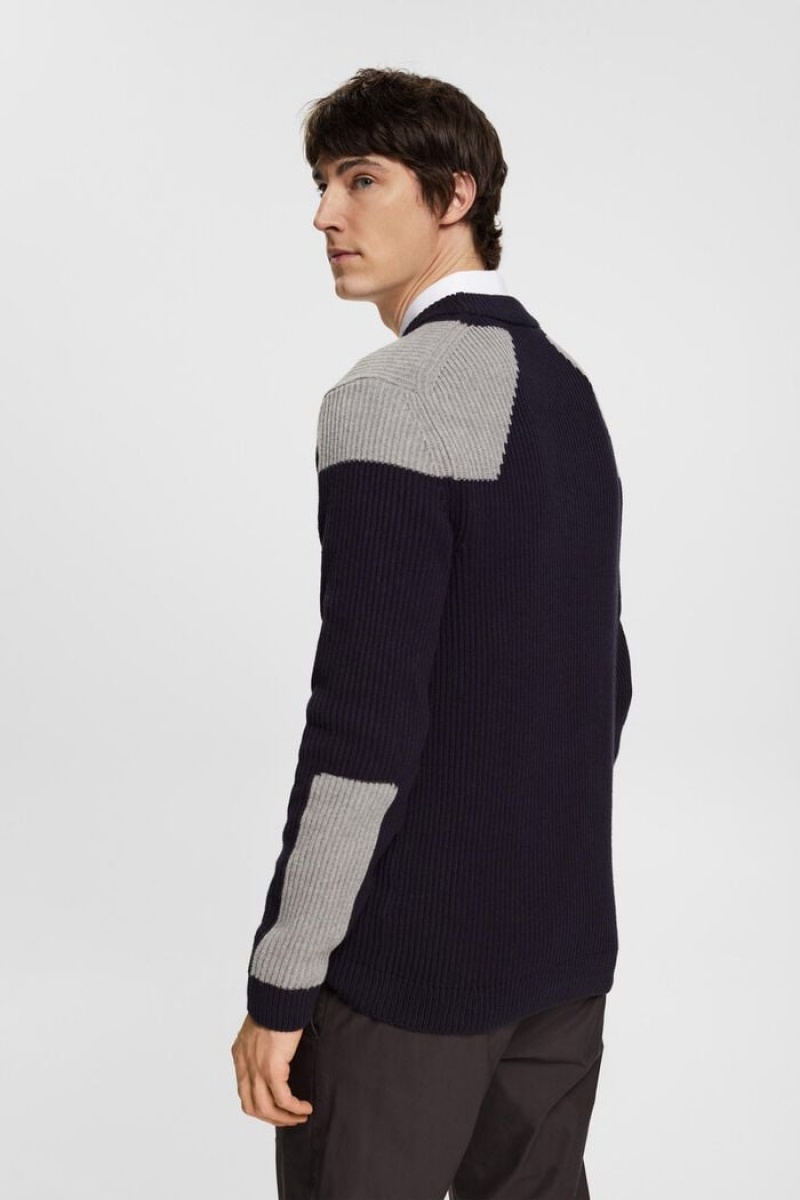 Pánské Jumpers Esprit Rib Knit With Colour Block Details Tmavě Blankyt | RLM954021