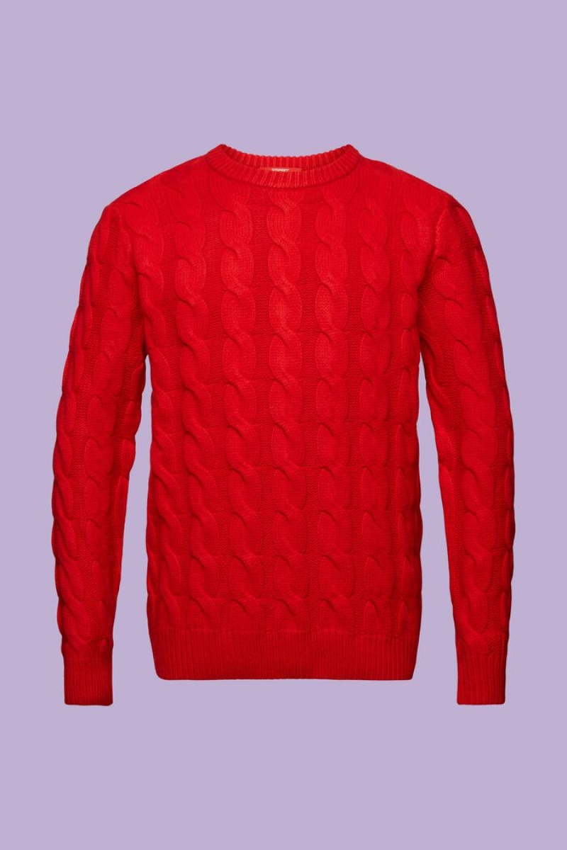 Pánské Jumpers Esprit Vlna Cable Knit Tmavě Červené | ICO962457