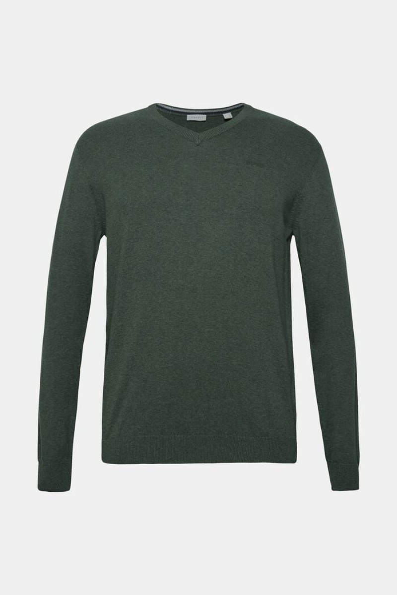 Pánské Jumpers Esprit V-neck,100% Bavlněné Tmavě Zelene | BGJ417562