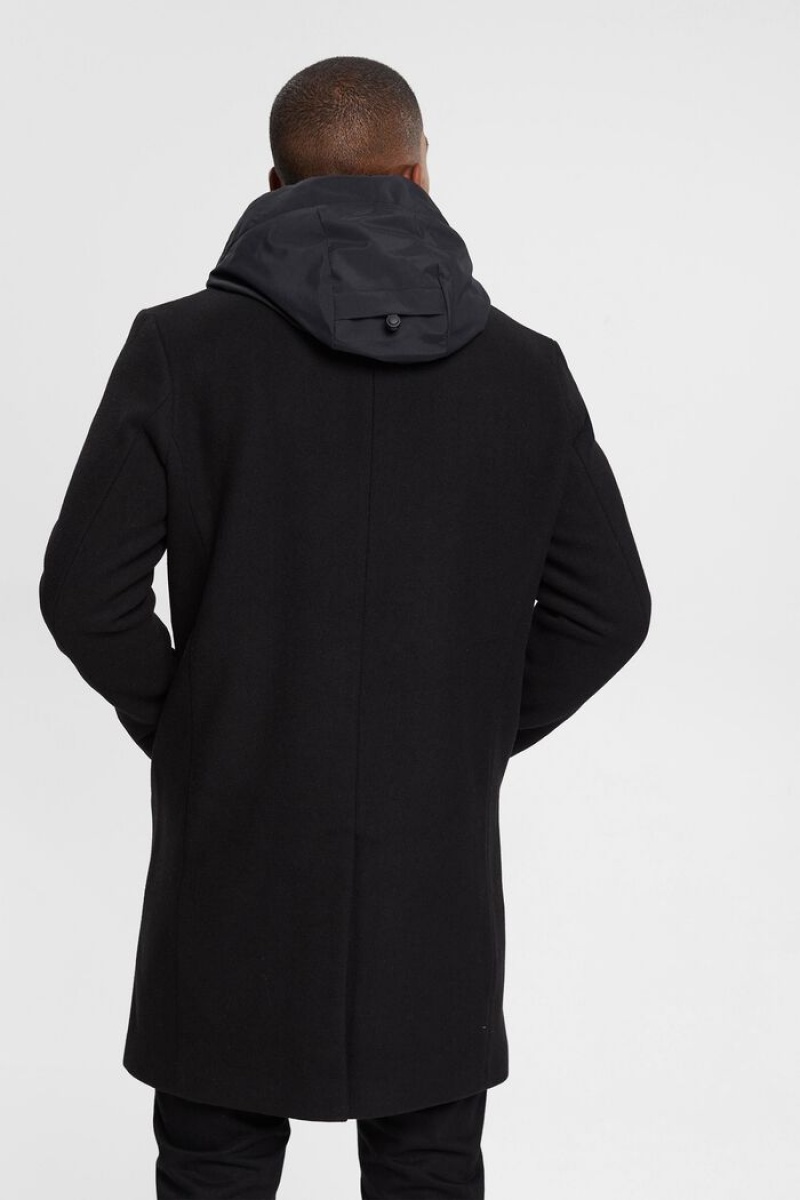 Pánské Kabáty Esprit Vlna Blend With Detachable Hood Černé | CTD015379