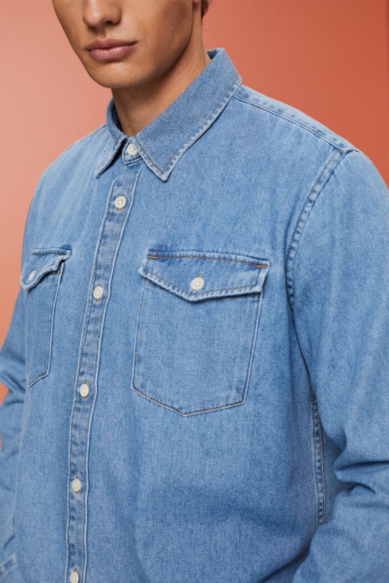 Pánské Košile Esprit Bavlněné Denim Blankyt Světle | FZR593486