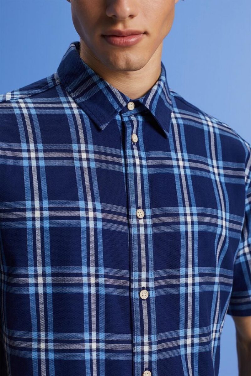 Pánské Košile Esprit Checked Krátké-sleeve Tmavě Blankyt | CWE417869