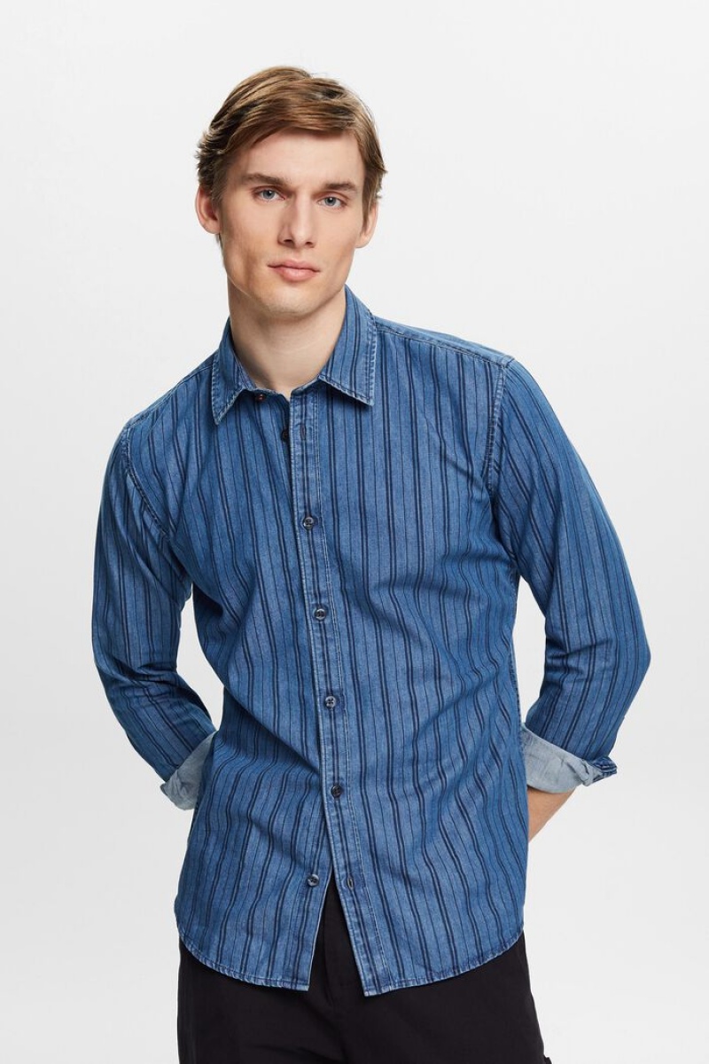 Pánské Košile Esprit Slim Fit Denim With Stripes Tmavě Blankyt | SEG815927