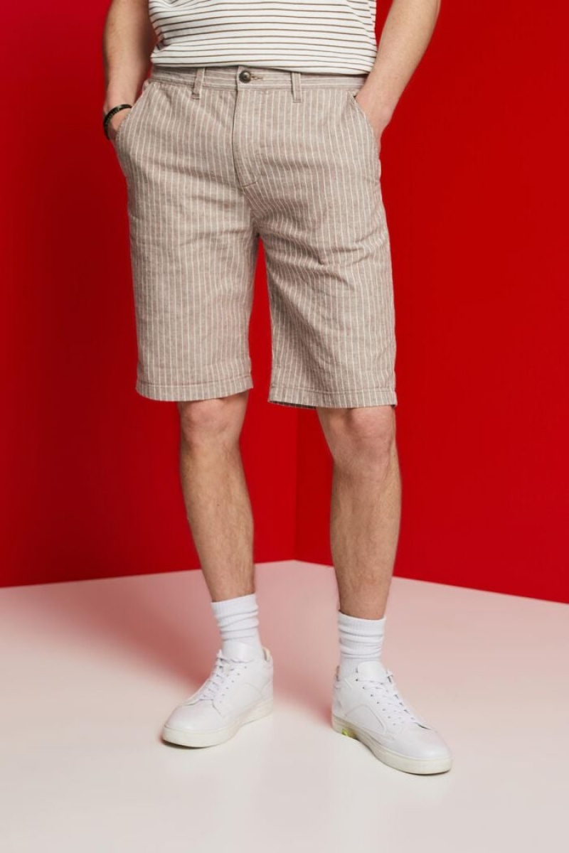 Pánské Kraťasy Esprit Pruhovaný Chino,Bavlněné-linen Blend Béžový | DSN827631