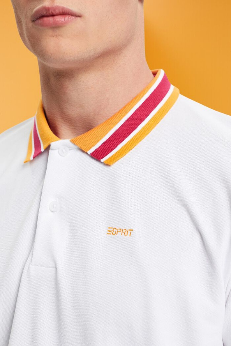 Pánské Polo Triko Esprit Bavlněné Pique With Pruhovaný Collar Bílé | SHV327081